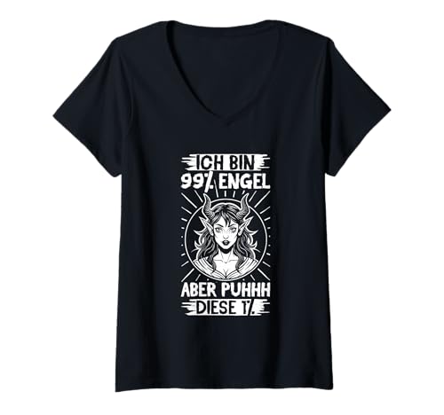 Damen Ich Bin 99% Engel Aber Puhhh Diese 1% Gothic Statement T-Shirt mit V-Ausschnitt von Lustige Sprüche Kleidung