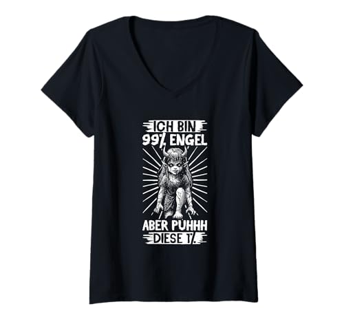 Damen Ich Bin 99% Engel Aber Puhhh Diese 1% Gothic Teufel Lustig T-Shirt mit V-Ausschnitt von Lustige Sprüche Kleidung