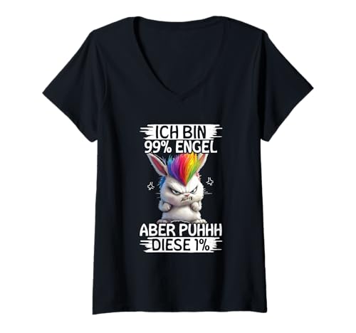 Damen Ich Bin 99% Engel Aber Puhhh Diese 1% Hase Spruch T-Shirt mit V-Ausschnitt von Lustige Sprüche Kleidung