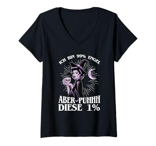 Damen Ich Bin 99% Engel Aber Puhhh Diese 1% Hexe Frech Spruch T-Shirt mit V-Ausschnitt von Lustige Sprüche Kleidung