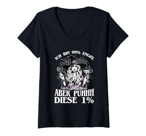 Damen Ich Bin 99% Engel Aber Puhhh Diese 1% Hexe Spruch T-Shirt mit V-Ausschnitt von Lustige Sprüche Kleidung