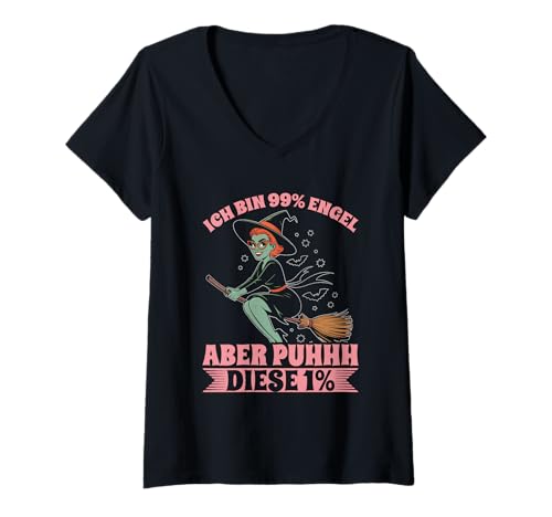 Damen Ich Bin 99% Engel Aber Puhhh Diese 1% Hexe Statement T-Shirt mit V-Ausschnitt von Lustige Sprüche Kleidung