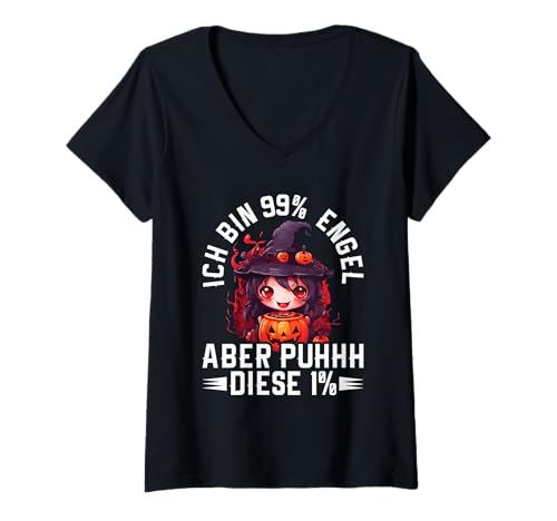Damen Ich Bin 99% Engel Aber Puhhh Diese 1% Kleine Freche Hexe T-Shirt mit V-Ausschnitt von Lustige Sprüche Kleidung