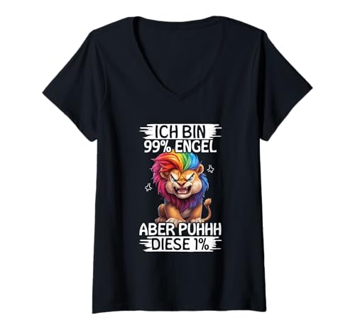 Damen Ich Bin 99% Engel Aber Puhhh Diese 1% Löwe Spruch T-Shirt mit V-Ausschnitt von Lustige Sprüche Kleidung