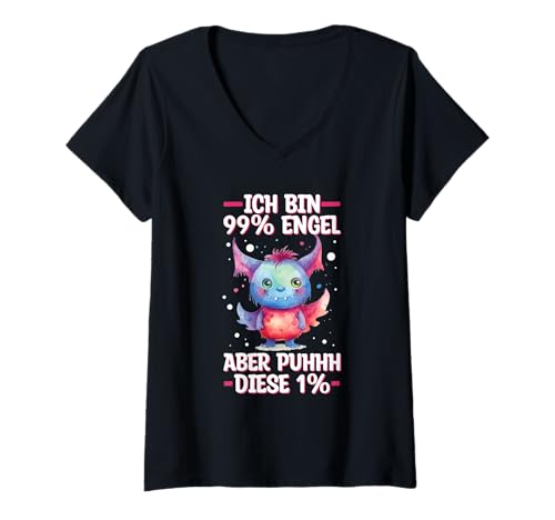 Damen Ich Bin 99% Engel Aber Puhhh Diese 1% Monster Statement T-Shirt mit V-Ausschnitt von Lustige Sprüche Kleidung