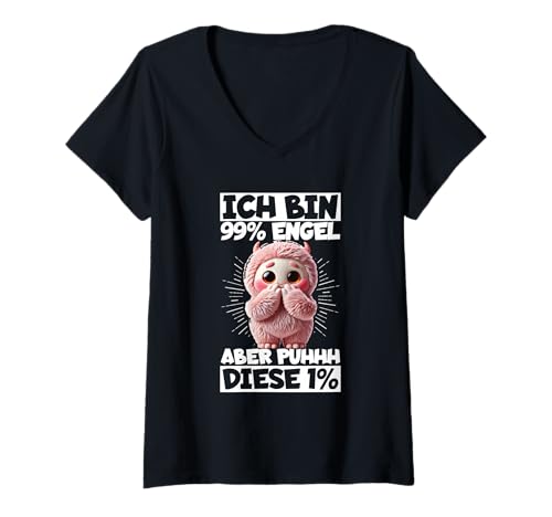 Damen Ich Bin 99% Engel Aber Puhhh Diese 1% Monster Teufelchen T-Shirt mit V-Ausschnitt von Lustige Sprüche Kleidung