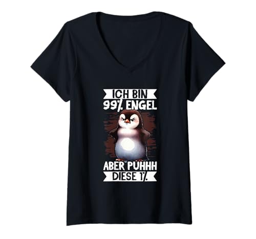 Damen Ich Bin 99% Engel Aber Puhhh Diese 1% Pinguin Frech Spruch T-Shirt mit V-Ausschnitt von Lustige Sprüche Kleidung