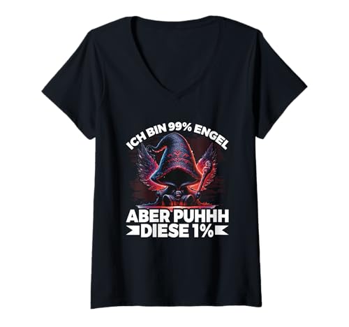 Damen Ich Bin 99% Engel Aber Puhhh Diese 1% Teufel Frech Lustig T-Shirt mit V-Ausschnitt von Lustige Sprüche Kleidung