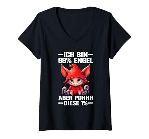 Damen Ich Bin 99% Engel Aber Puhhh Diese 1% Teufel Frech Spruch T-Shirt mit V-Ausschnitt von Lustige Sprüche Kleidung
