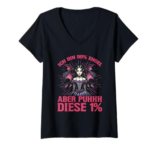 Damen Ich Bin 99% Engel Aber Puhhh Diese 1% Vampir Fledermaus T-Shirt mit V-Ausschnitt von Lustige Sprüche Kleidung