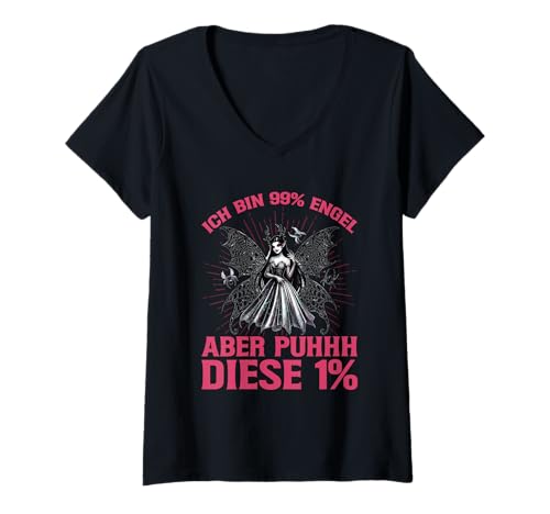 Damen Ich Bin 99% Engel Aber Puhhh Diese 1% Vampir Gothic T-Shirt mit V-Ausschnitt von Lustige Sprüche Kleidung