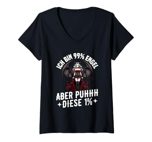 Damen Ich Bin 99% Engel Aber Puhhh Diese 1% Vampir Lustig Spruch T-Shirt mit V-Ausschnitt von Lustige Sprüche Kleidung