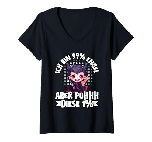 Damen Ich Bin 99% Engel Aber Puhhh Diese 1% Vampir Spruch T-Shirt mit V-Ausschnitt von Lustige Sprüche Kleidung
