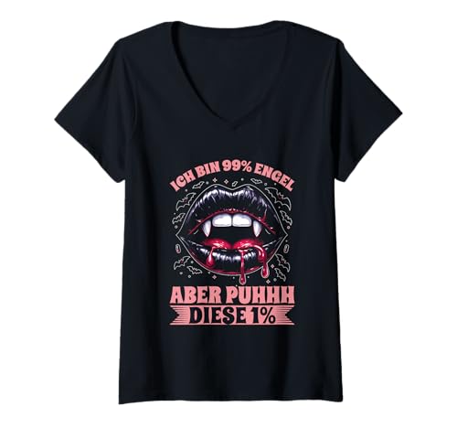Damen Ich Bin 99% Engel Aber Puhhh Diese 1% Vampir Statement T-Shirt mit V-Ausschnitt von Lustige Sprüche Kleidung