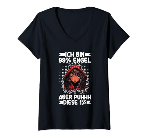 Damen Ich Bin 99% Engel Puhhh Diese 1% Teufel Statement Lustig T-Shirt mit V-Ausschnitt von Lustige Sprüche Kleidung