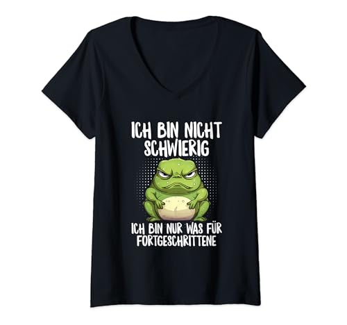 Damen Ich Bin Nicht Schwierig Bin Nur Für Fortgeschrittene Frosch T-Shirt mit V-Ausschnitt von Lustige Sprüche Kleidung