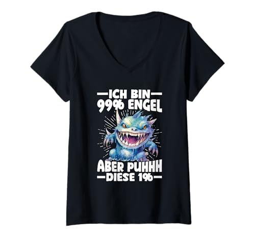 Damen Monster Ich Bin 99% Engel Aber Puhhh Diese 1% Spruch T-Shirt mit V-Ausschnitt von Lustige Sprüche Kleidung