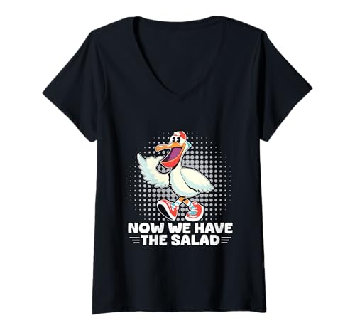 Damen Now We Have The Salad Denglish Witzig Pelikan Spruch T-Shirt mit V-Ausschnitt von Lustige Sprüche Kleidung