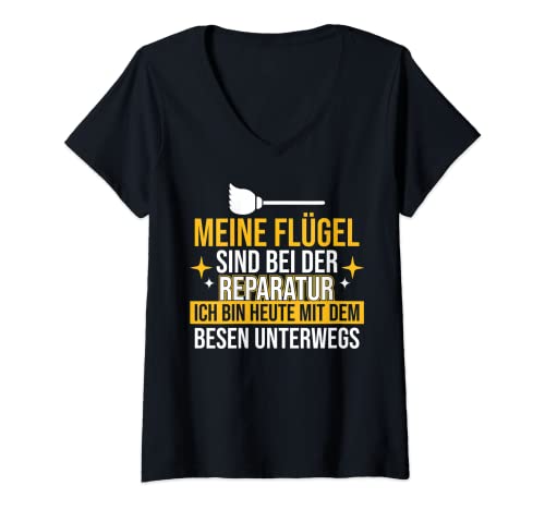 Damen Engel Flügel Hexen Besen | Lustiger Spruch T-Shirt mit V-Ausschnitt Damen Engel Flügel Hexen Besen | Lustiger Spruch T-Shirt mit V-Ausschnitt von Lustige Sprüche Outfit