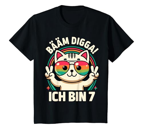 Kinder Bääm Digga Ich bin 7 7. Geburtstag Junge Mädchen Katze T-Shirt von Lustige Sprüche & Geschenke ARTIPALATI