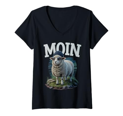 Damen Moin Norddeutschland Lustiges Schaf Küstenhumor Norddeutsch T-Shirt mit V-Ausschnitt Damen Moin Norddeutschland Lustiges Schaf Küstenhumor Norddeutsch T-Shirt mit V-Ausschnitt von Lustige Sprüche & Geschenke mit Möwen & Schafen