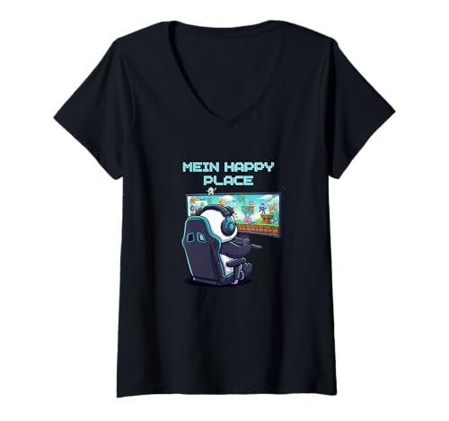 Damen Mein Happy Place Panda Gaming Motiv für Gamer Fans T-Shirt mit V-Ausschnitt Damen Mein Happy Place Panda Gaming Motiv für Gamer Fans T-Shirt mit V-Ausschnitt von Lustige Spüche, süße Kawaii Tiere und Hobbies