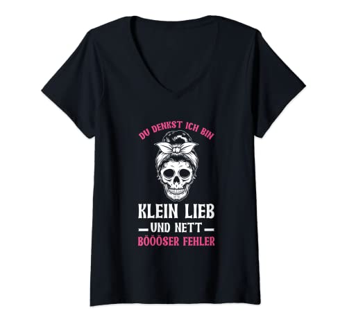Damen Du Denkst Ich Bin Klein Lieb & Nett Böser Fehler Spruch T-Shirt mit V-Ausschnitt Damen Du Denkst Ich Bin Klein Lieb & Nett Böser Fehler Spruch T-Shirt mit V-Ausschnitt von Lustige Statement Sprüche Für Kleine Menschen