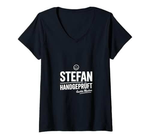 Damen Stefan Handgeprüft Leichte Macken Smiley Spruch T-Shirt mit V-Ausschnitt Damen Stefan Handgeprüft Leichte Macken Smiley Spruch T-Shirt mit V-Ausschnitt von Lustige Stefan Vorname Name Geburtstags Geschenke