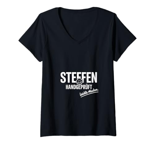 Damen Steffen Handgeprüft Leichte Macken Smiley Spruch T-Shirt mit V-Ausschnitt Damen Steffen Handgeprüft Leichte Macken Smiley Spruch T-Shirt mit V-Ausschnitt von Lustige Steffen Vorname Name Geburtstags Geschenke