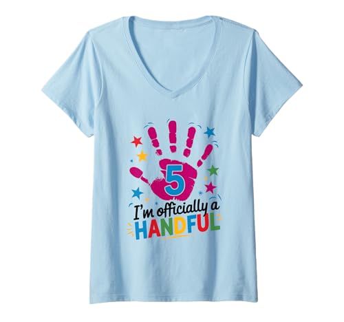 Damen Ich Bin Offiziell EIN Handful Bunte Handabdruck 5. T-Shirt mit V-Ausschnitt Damen Ich Bin Offiziell EIN Handful Bunte Handabdruck 5. T-Shirt mit V-Ausschnitt von Lustige Sterne Fünf Jahre Party HANDful