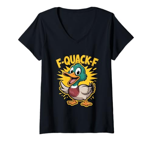 Damen F Quack F Lustige Stockente Cartoon Spruch T-Shirt mit V-Ausschnitt Damen F Quack F Lustige Stockente Cartoon Spruch T-Shirt mit V-Ausschnitt von Lustige Stockente Humor Spruch Meme Ente