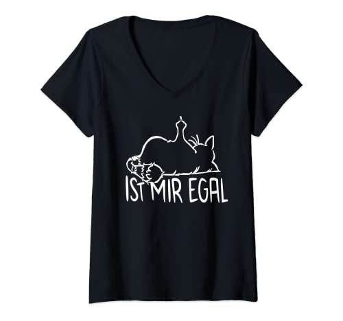 Damen faule Katze Statement Spruch - ist mir egal - Katzen T-Shirt mit V-Ausschnitt von Lustige Stubentiger Sprüche Geschenkidee Geschenke