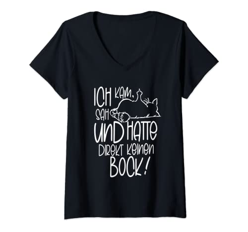 Damen faule Katze Statement Spruch - keinen Bock - Katzen T-Shirt mit V-Ausschnitt von Lustige Stubentiger Sprüche Geschenkidee Geschenke