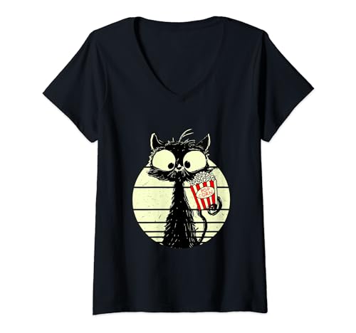 Damen Popcorn Katze Süße Retro Katze Sonnenuntergang Katzen T-Shirt mit V-Ausschnitt von Lustige Süße Katzen T-Shirts Damen Kinder Herren