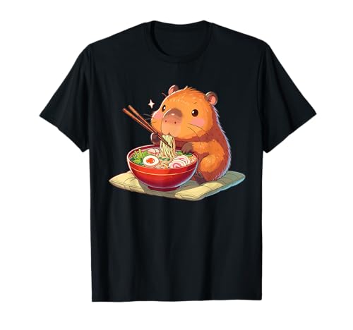 Lustige Tiere essen Ramen hier entdecken Capybara Ramen T-Shirt für Anime und Manga Fans, Kinder und Erwachsene mit kleineren Größen, Unisex, Kurzarm, T-Shirt, Schwarz, S von Lustige Tiere essen Ramen hier entdecken