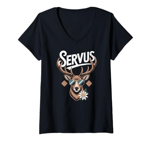 Damen Lederhosn Hirsch Servus Volksfest Oktoberfest T-Shirt mit V-Ausschnitt Damen Lederhosn Hirsch Servus Volksfest Oktoberfest T-Shirt mit V-Ausschnitt von Lustige Trachten & Ersatz Dirndl