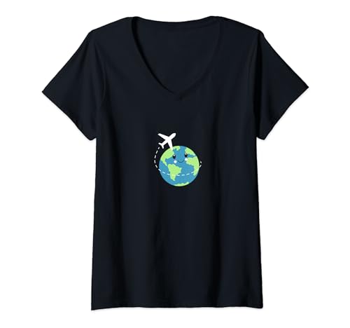 Damen Witziges Reise T-Shirt Kinder Weltkugel Weltreise Flugzeug T-Shirt mit V-Ausschnitt Damen Witziges Reise T-Shirt Kinder Weltkugel Weltreise Flugzeug T-Shirt mit V-Ausschnitt von Lustige Travel T-Shirts