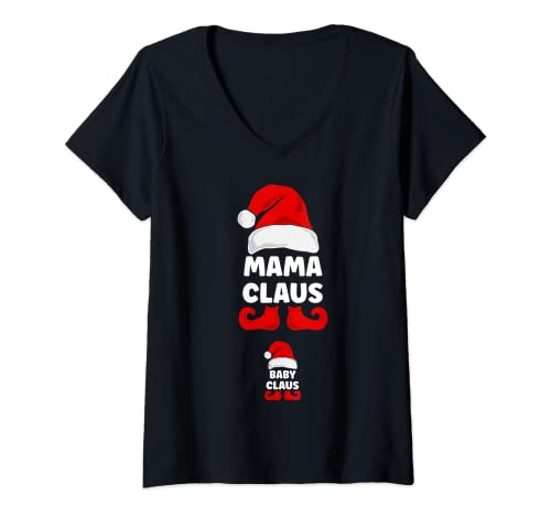 Damen Weihnachten Schwangerschaft Verkünden Baby Mama Claus Outfit T-Shirt mit V-Ausschnitt von Lustige Überraschung Großeltern Geburt Geschenke