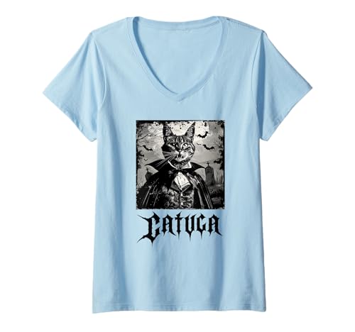 Damen Catula, Vampir, Halloween, Katzen T-Shirt mit V-Ausschnitt Damen Catula, Vampir, Halloween, Katzen T-Shirt mit V-Ausschnitt von Lustige Vampir Katze