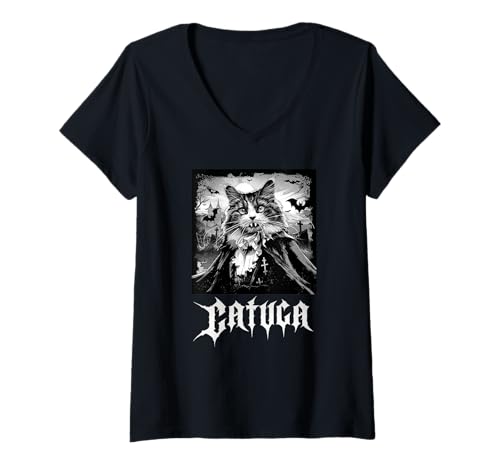 Damen Catula, Vampir, Halloween, Katzen T-Shirt mit V-Ausschnitt Damen Catula, Vampir, Halloween, Katzen T-Shirt mit V-Ausschnitt von Lustige Vampir Katze