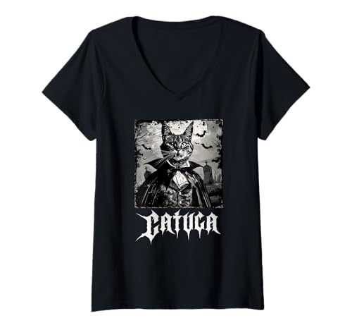 Damen Catula, Vampir, Halloween, Katzen T-Shirt mit V-Ausschnitt Damen Catula, Vampir, Halloween, Katzen T-Shirt mit V-Ausschnitt von Lustige Vampir Katze