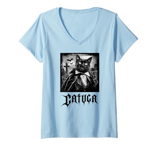 Damen Catula, Vampir, Halloween, Katzen T-Shirt mit V-Ausschnitt Damen Catula, Vampir, Halloween, Katzen T-Shirt mit V-Ausschnitt von Lustige Vampir Katze