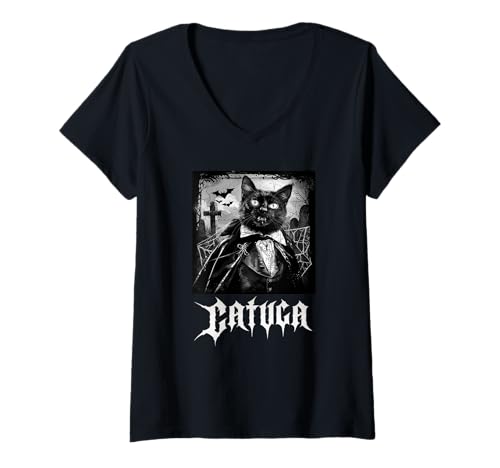 Damen Catula, Vampir, Halloween, Katzen T-Shirt mit V-Ausschnitt Damen Catula, Vampir, Halloween, Katzen T-Shirt mit V-Ausschnitt von Lustige Vampir Katze