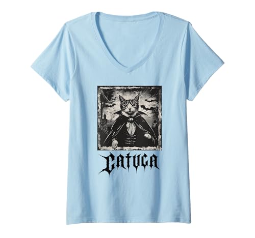 Damen Catula, Vampir, Halloween, Katzen T-Shirt mit V-Ausschnitt Damen Catula, Vampir, Halloween, Katzen T-Shirt mit V-Ausschnitt von Lustige Vampir Katze