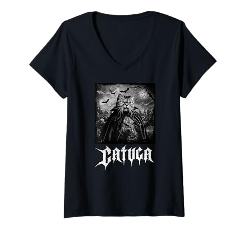 Damen Catula, Vampir, Halloween, Katzen T-Shirt mit V-Ausschnitt Damen Catula, Vampir, Halloween, Katzen T-Shirt mit V-Ausschnitt von Lustige Vampir Katze
