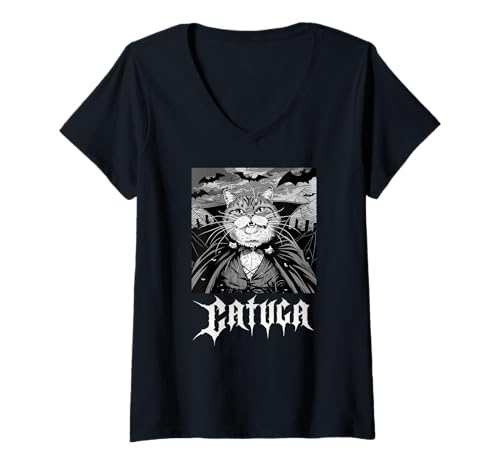 Damen Catula, Vampir, Halloween, Katzen T-Shirt mit V-Ausschnitt Damen Catula, Vampir, Halloween, Katzen T-Shirt mit V-Ausschnitt von Lustige Vampir Katze