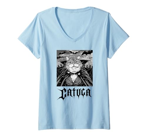 Damen Catula, Vampir, Halloween, Katzen T-Shirt mit V-Ausschnitt Damen Catula, Vampir, Halloween, Katzen T-Shirt mit V-Ausschnitt von Lustige Vampir Katze