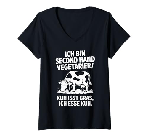 Damen Ich Bin Second Hand Vegetarier Kuh Isst Gras T-Shirt mit V-Ausschnitt Damen Ich Bin Second Hand Vegetarier Kuh Isst Gras T-Shirt mit V-Ausschnitt von Lustige Vegetarier Kuh Humor Spaß