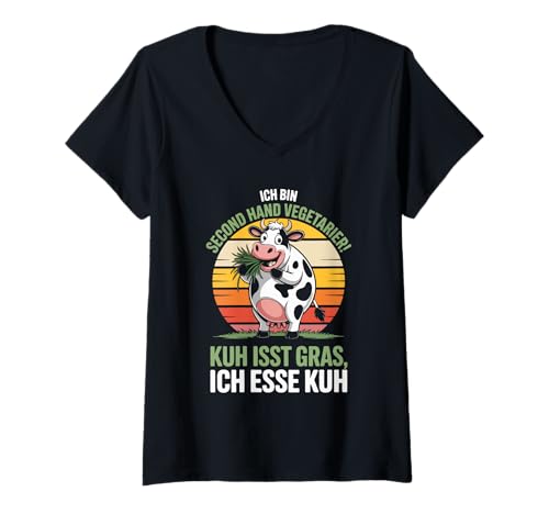Damen Ich Bin Second Hand Vegetarier Kuh Isst Gras T-Shirt mit V-Ausschnitt Damen Ich Bin Second Hand Vegetarier Kuh Isst Gras T-Shirt mit V-Ausschnitt von Lustige Vegetarier Kuh Humor Spaß