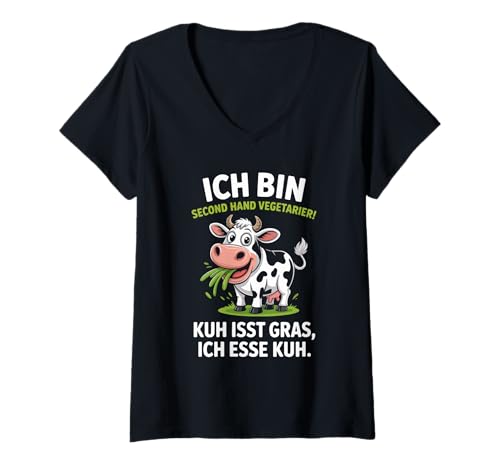 Damen Ich Bin Second Hand Vegetarier Kuh Isst Gras T-Shirt mit V-Ausschnitt Damen Ich Bin Second Hand Vegetarier Kuh Isst Gras T-Shirt mit V-Ausschnitt von Lustige Vegetarier Kuh Humor Spaß